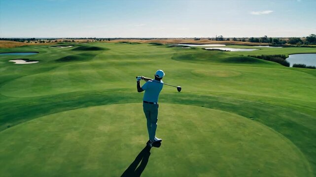 Golfer swings club on a beautiful green golf course on a sunny day.