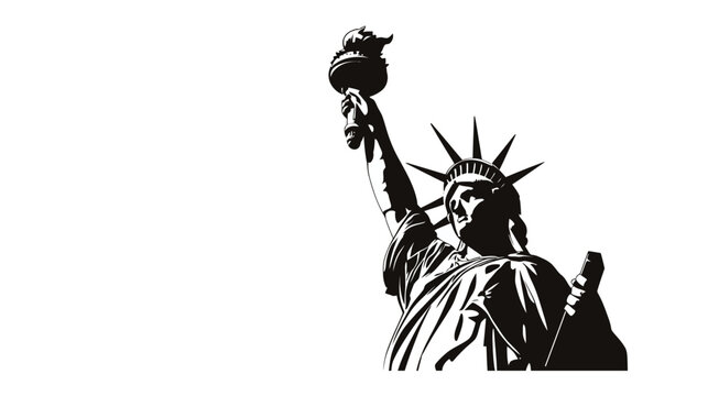 A black and white illustration of a neoclassical statue holding a torch and a tablet