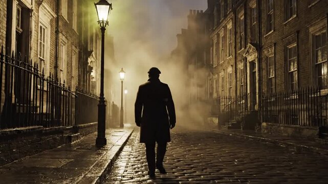 A solitary man in a long coat and flat cap walks down a cobblestone street under glowing gaslights in a misty old city at night