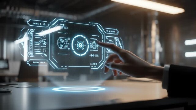 Close-up view of a suited hand interacting with a futuristic holographic interface, pointing at a glowing blue graphic on a transparent surface in a dim office laboratory setting