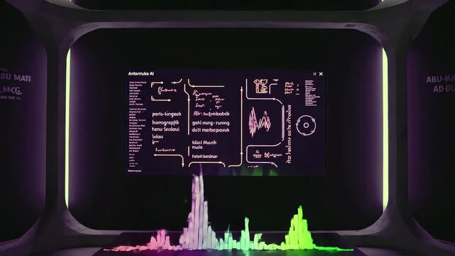 Exploring a futuristic neon interface where sleek graphs and charts illuminate a digital workspace, captured from a perspective highlighting interface, graph, chart, neon, futuristic design.