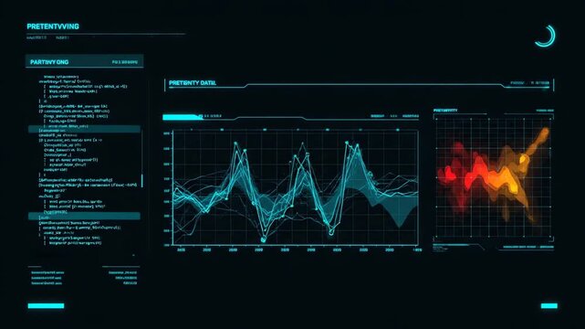 Analyzing a digital data visualization with a fluctuating blue graph waveform, a central red‑orange heatmap, and layered charts in a dark technical environment from a centered viewpoint