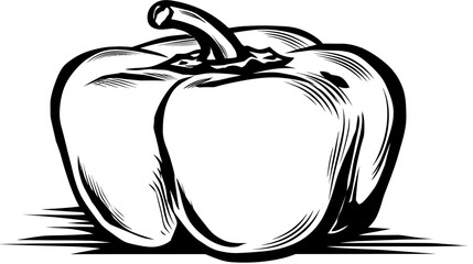 Bold black and white illustration of a bell-shaped vegetable, featuring a stem and shading