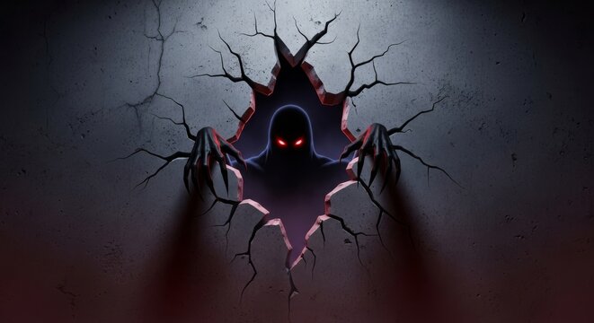 A terrifying, shadowy entity with claws emerges from a dark crack in a rough concrete wall, symbolizing hidden psychological fears, unsettling, threat, psychological