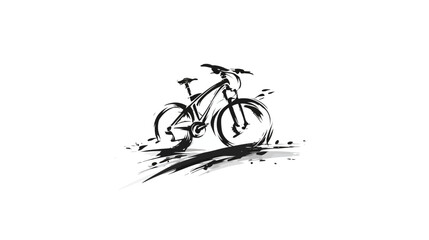 Stylized, black and white illustration of a mountain bike with brush strokes
