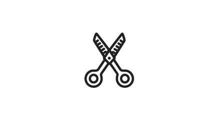 Black outline illustration of scissors, with handles and jagged blades, against a clean white backdrop