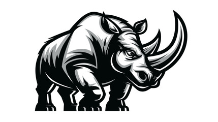 A stylized illustration of a rhinoceros, rendered in shades of grey and black on a white background