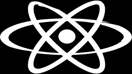 A white graphic of an atom model against a black background. Contains intersecting orbitals