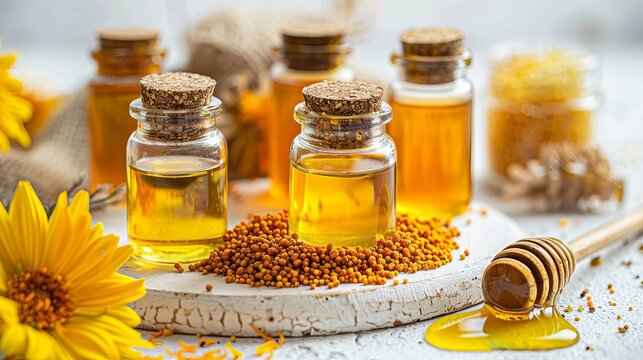 Elegant display of clear amber honey and bee pollen on white marble with wooden dipper and flowers