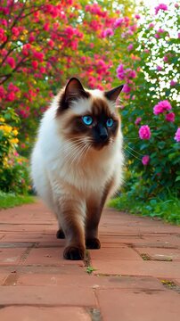 Beautiful Birman cat with striking blue eyes walks on a brick path surrounded by blooming pink roses