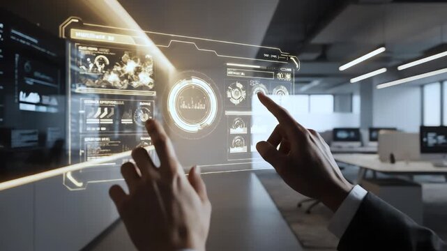 Professional hands interacting with a floating holographic data display in a sleek modern office, captured from a close-up perspective highlighting futuristic technology and productivity
