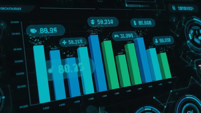 Dynamic futuristic digital display showcasing an illuminated bar graph with vibrant blue and green statistics panels, viewed from a centered perspective against a sleek black grid environment