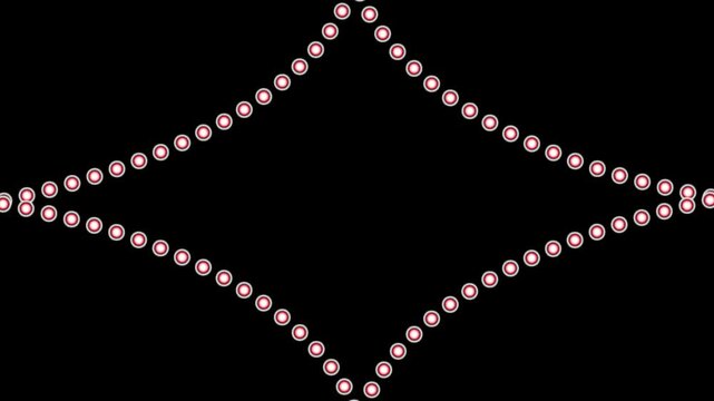 Symmetrical abstract animation of red and white dots forming a diamond shape. Pulsing geometric design loop on black background.
