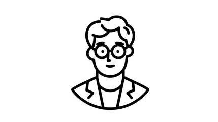 A simple, black-and-white illustration of a person with glasses and a blazer