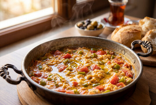 Turkish menemen served in a traditional metal pan with bread and tea.