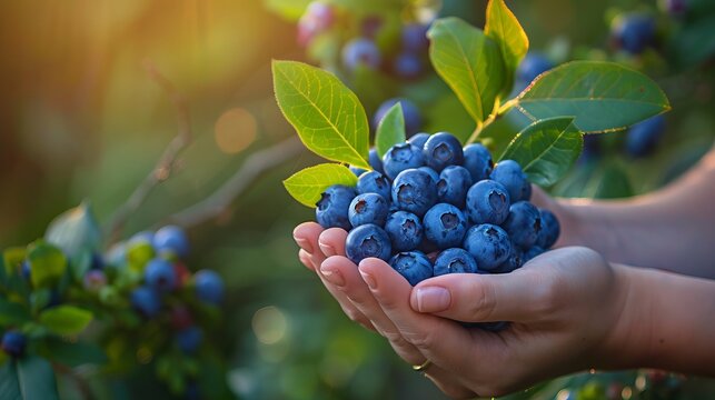 Close up of woman s hands holding fresh blueberries with lush meadow and forest in soft sunlight