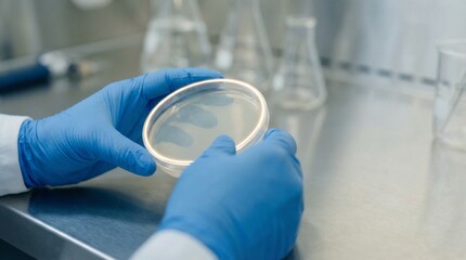 Fototapeta premium Gloved Hands Holding a Petri Dish on a Clean Laboratory Bench