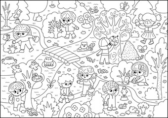 Obraz premium Vector black and white Easter egg hunt background. Line landscape with kids, tree, bush, insect, basket, nature element. Woodland scene, coloring page with children looking for eggs in forest