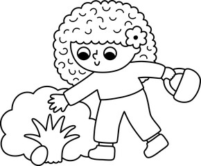 Obraz premium Girl with basket searching for egg in a bush. Vector Easter egg hunt concept. Cute black and white kid icon. Spring holiday line illustration. Woodland or forest children clipart, coloring page