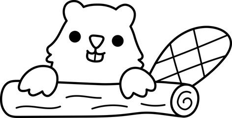 Vector black and white beaver on a log icon. Cute line forest or woodland animal. Adorable illustration or coloring page for kids. Funny character with piece of wood and tail © Lexi Claus
