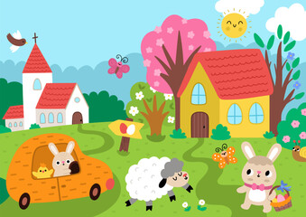 Naklejka premium Vector Easter village landscape. Rural nature scene with church, bunny driving carrot shaped car, egg hunt sign, chick, blooming trees. Spring holiday horizontal background or book cover for kids