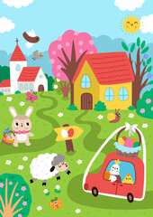 Naklejka premium Vector Easter village landscape. Rural nature detailed scene with church, hen driving car, sheep, egg hunt sign, chick, blooming trees. Cute spring holiday vertical background or book cover for kids
