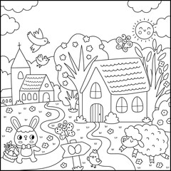 Fototapeta premium Vector black and white Easter village landscape. Line nature detailed scene with church, bunny with basket, egg hunt sign, chick, trees. Cute spring holiday square background, book cover for kids