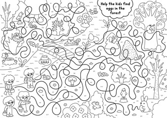 Easter egg hunt line maze for children with woodland scene, boys and girls with baskets. Black and white labyrinth game with kids searching for eggs in forest. Spring holiday coloring page