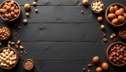 Nuts in Wooden Bowls. An overhead view of various nuts arranged in wooden bowls on a dark wooden surface.
