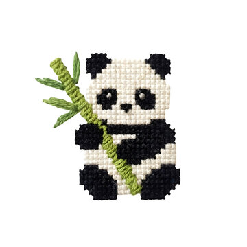 Cute Panda Bear Holding Bamboo Cross Stitch Embroidery Patch: Animal Icon Isolated on White Background