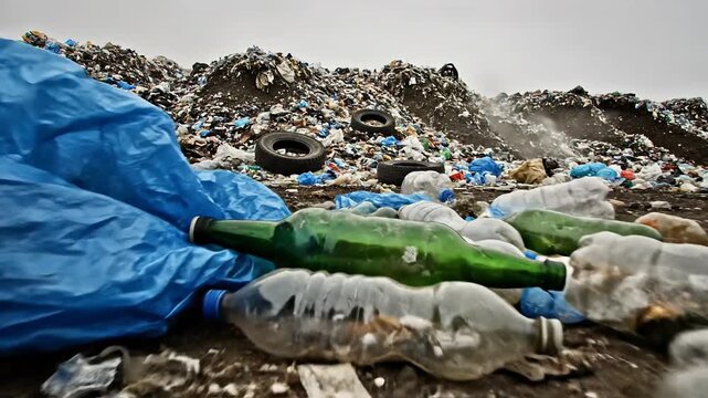 Garbage dump with plastic bags and bottles, environmental pollution, landfill waste