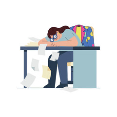 Tired office worker sleeping on desk work stress flat illustration