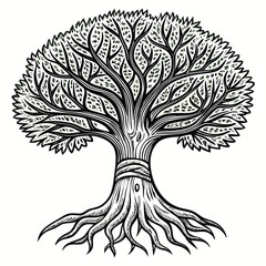A striking black and white "Tree of Life" illustration with intricate roots and branches.
