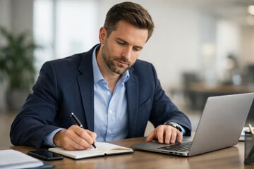 Fototapeta premium Focused businessman in suit writing notes in a notebook while working on a laptop at a modern office desk during a professional workday