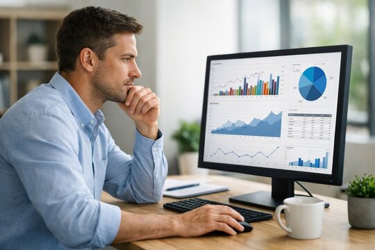 Business analyst reviewing financial dashboard on desktop computer with charts and graphs, working at office desk with keyboard, mouse, and coffee mug