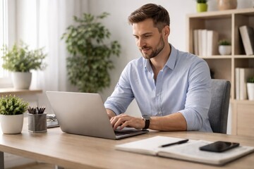 Smiling man working on laptop at home office desk with notebook and phone, remote professional typing in bright modern workspace with plants