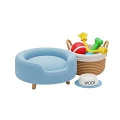 Fototapeta premium Dog toys, bed and bowl with text WOOF