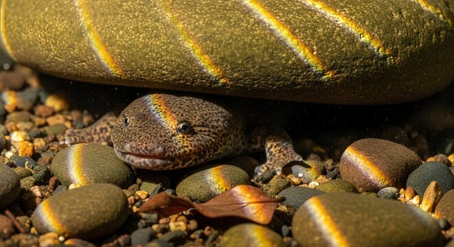 Hellbender Salamander Head Peeking from Under River Stone in Freshwater Stream
