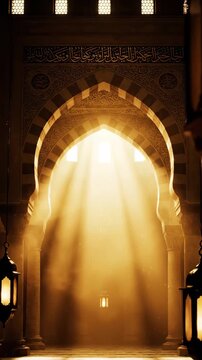 Beautiful scene of golden sunlight streaming through intricate Islamic archways, creating a warm and spiritual atmosphere inside a historic mosque