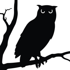 Silhouette Owl Perched On Branch, Wildlife Illustration