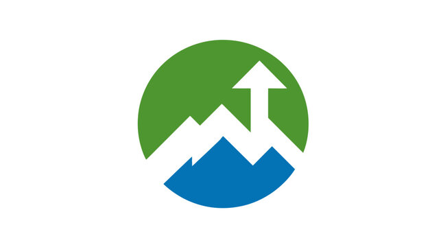 Circular emblem features a green upper half, blue peaks, and a white arrow ascending