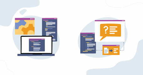 Professional Workspace Illustration with Laptop and Data Visualization Screens