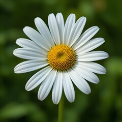 Fototapeta premium “Beautiful White Daisy Flower with Yellow Center in Full Bloom, Macro Close-Up of Fresh Chamomile or Daisy Blossom Isolated Against Soft Green Blurred Background, Spring Nature and Floral Beauty Conce