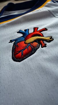 Close-up of a vibrant embroidered anatomical heart patch on a light grey mesh fabric