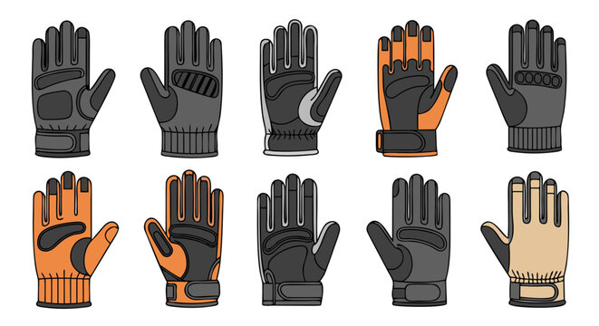 Collection of ten distinct tactical and work gloves illustrated in flat design style