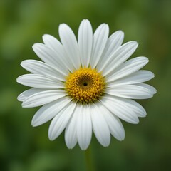 Fototapeta premium “Beautiful White Daisy Flower with Yellow Center in Full Bloom, Macro Close-Up of Fresh Chamomile or Daisy Blossom Isolated Against Soft Green Blurred Background, Spring Nature and Floral Beauty Conce
