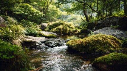 Obraz premium Lush Stream in Tranquil Green Forest