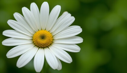 Obraz premium “Beautiful White Daisy Flower with Yellow Center in Full Bloom, Macro Close-Up of Fresh Chamomile or Daisy Blossom Isolated Against Soft Green Blurred Background, Spring Nature and Floral Beauty Conce