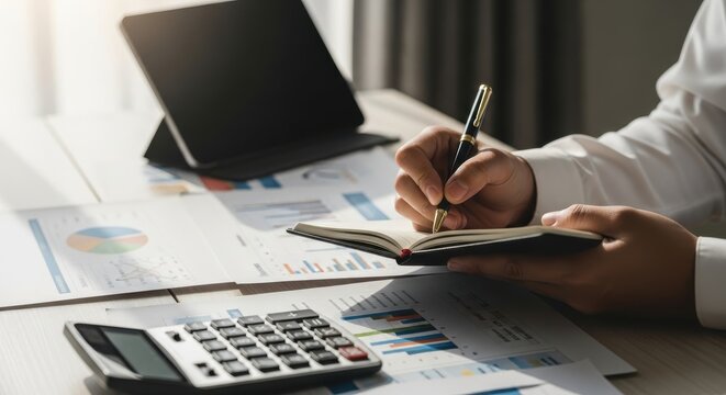 Business professional records important notes while reviewing financial reports at a desk