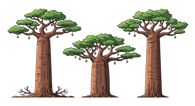 Three stylized cartoon baobab trees with large trunks and green leafy canopies isolated on white